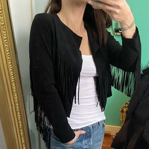 Forever 21 Black Microsuede Cropped Fringe Jacket S